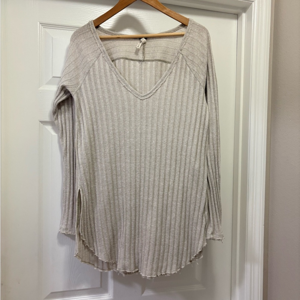 We the Free Light Beige Ribbed V-Neck Long Sleeve Tunic